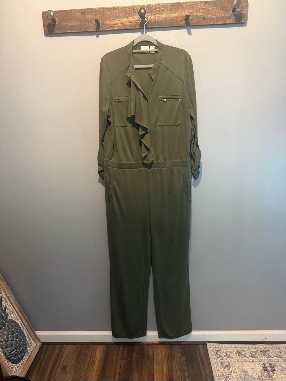 Chico's Olive Green Ruffle-Front Utility Jumpsuit size 2= L